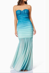 Gradient Mesh Splicing Bodycon Strapless Maxi Dress In Blue