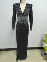 pearl embellished v-neck maxi dress in black