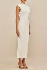 white sleeveless backless knit midi dress with two pleated golden embellishments