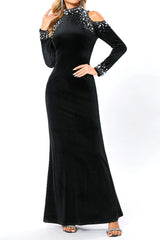 barbara sequin embellished long sleeve maxi dress in black