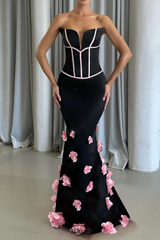 Floral embellished Strapless Maxi Dress in Black