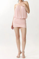 cheryl ruched halter bodycon mini dress in pink