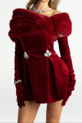 daphne long sleeve fur Velvet mini Dress in red