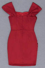 off-shoulder satin pleated mini dress in red