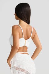 crafted rope crop top lace skirt set in white
