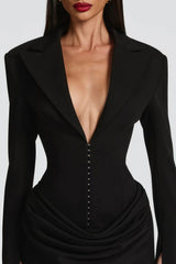 amelia v-neck ruched Blazer Mini Dress in black