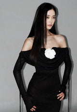 lila flower embellished pleated strapless maxi dress in black