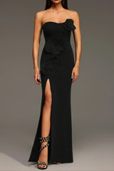 black heloise Flowers Slit strapless Bandage Maxi Dress