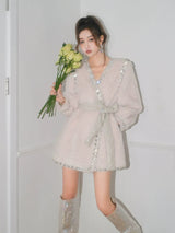 Beige V-Neck Long Sleeve Diamond Stud Coat