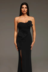 black heloise Flowers Slit strapless Bandage Maxi Dress
