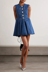 sleeveless flower button denim mini dress in blue