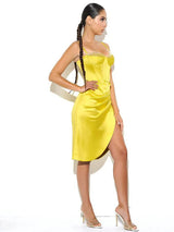 Lemon yellow pleated satin mini Dress