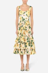 Camellia-print poplin midi dress in yellow