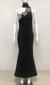 Emily Diamond Flower Bandage Maxi Dress in Black