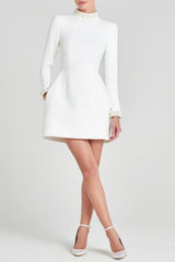 Beaded cuffs long sleeve mini dress in white