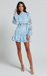 Long Puff Sleeve Lace Mini Dress