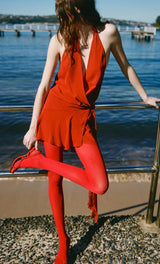 Halter backless V-neck sleeveless lace-up mini dress in red