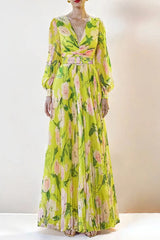 V-neck silk printed pleated maxi dress in yellow