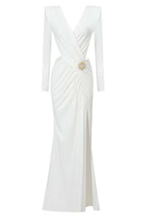 vanessa V-neck Ruched cutout Maxi Dress in white