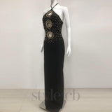 embellished cut out halter maxi dress in black