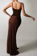 pleated Strappy Draped slit Maxi Dress in brown