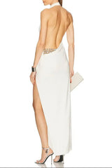 sharon halter backless high slit diamond maxi dress in white