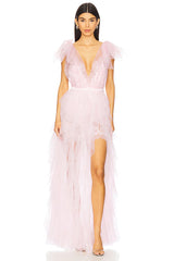 ruffle tulle atop floral lace mini dress in pink