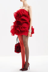 verna Multi-layered 3d pleated mini dress in red