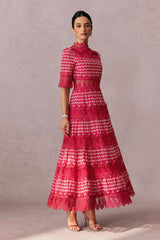 simona Embroidered Lace Midi Dress in red