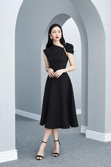 ASYMMETRIC SLEEVE PEARLS MIDI DRESS IN BLACK