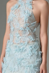 Floral Lace Mini Dress In blue