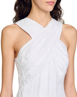 High crossover V-neck pleated maxi dress in white