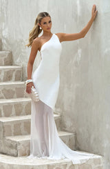 Lace-up beveled back satin maxi dress in ivory