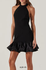 Bubble Hem Halter Mini dress in black