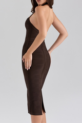 chocolate halter bodycon midi bandage dress