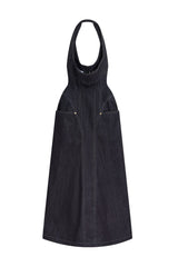 haltered corseted midi dress denim in navy blue
