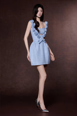 chaya Pastel Blue 3d flower Ribbon Mini Dress