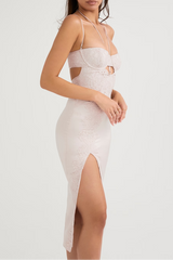 apricot crystal satin lace cutout midi dress