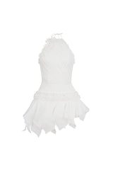 astrid Halter neck 3D flower lace puffy mini dress in white
