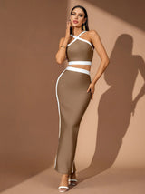 cora White Striped Patchwork Maxi Bandage Set - brown