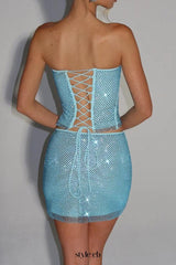 melissa sequin tube top mini skirt suit in blue