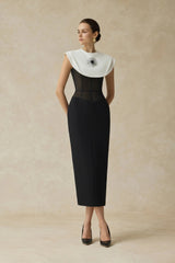 bernice black sleeveless Midi Dress With White Cape