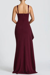 pleated high slit Stretch crepe maxi dress in burgundy