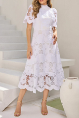 jessica Lace hollow layered midi dress in white
