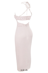 apricot crystal satin lace cutout midi dress