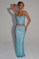 melissa sequin tube top maxi skirt suit in blue