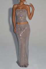 mirabelle sequin tube top maxi skirt suit in silver