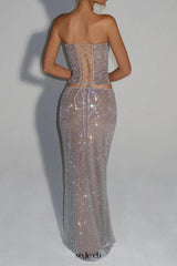 mirabelle sequin tube top maxi skirt suit in silver