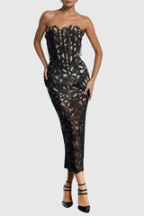 letitia Strapless Flower Embroidered Midi Dress