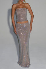 mirabelle sequin tube top maxi skirt suit in silver